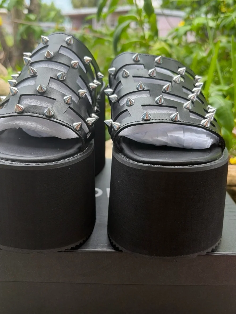 Black Spike-Embellished Platform Slide Sandals